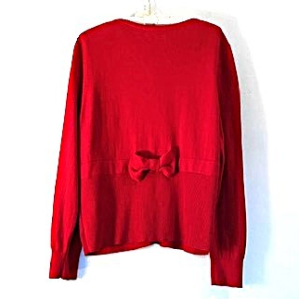 Red Cardigan Sweater with Puff Shoulders and a Bow in the Back